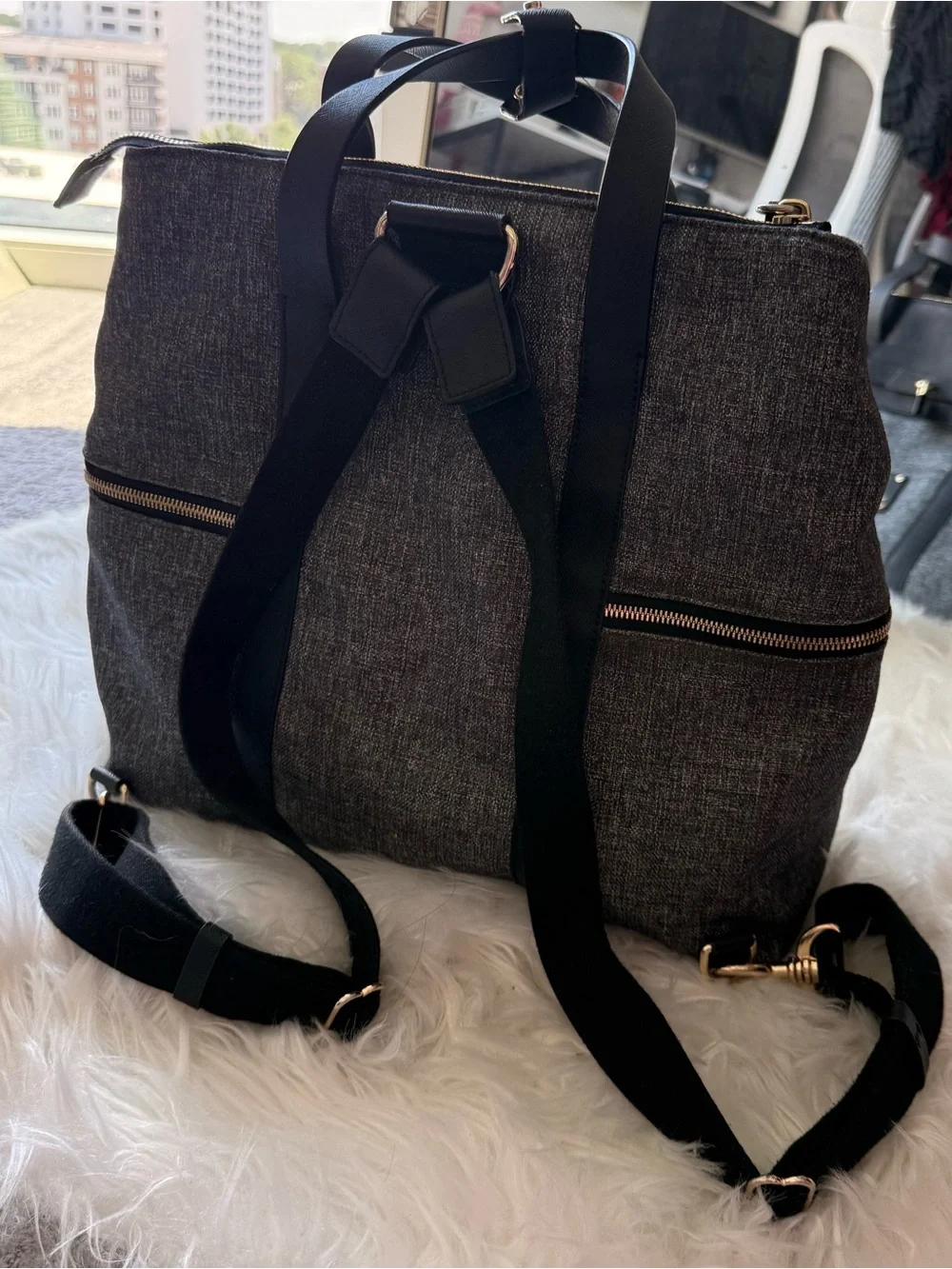Henri Bendel Jetsetter Tweed Black and Gray Canvas Saffiano Leather